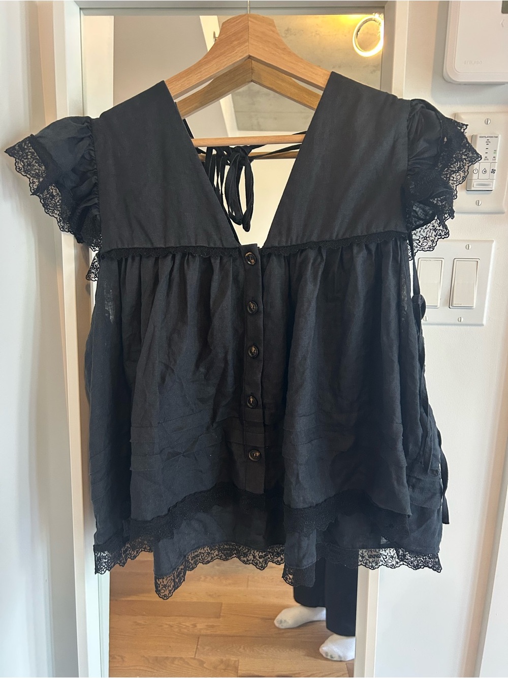 Ganni Black Lace-Trim Button Down Blouse